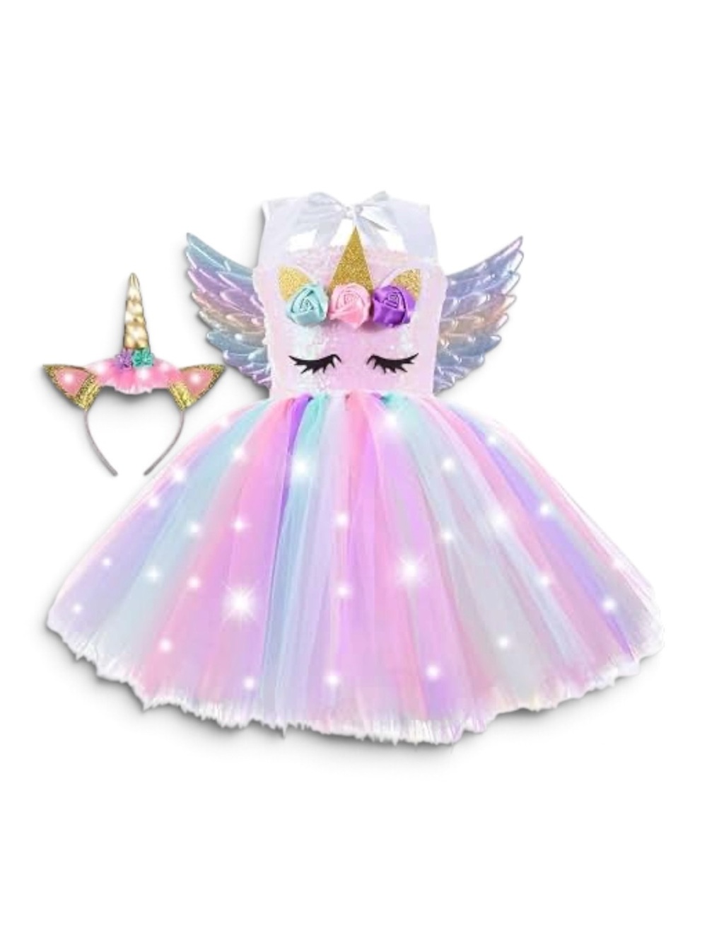 Magical Rainbow Light Up Tutu Dress w/ Headband Halloween Costume
